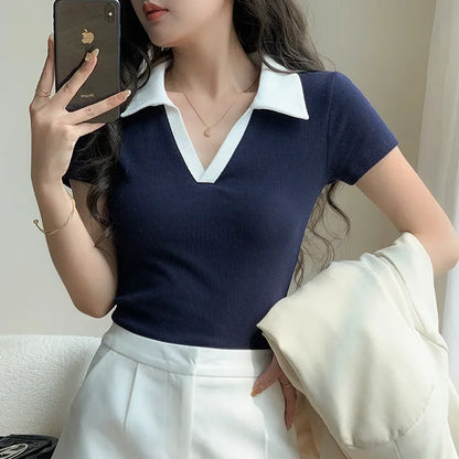 Chic Short Sleeve Polo Neck T-Shirt Women's Summer New Design Sensation Gexuan Fashionable Flip Collar Shoulder Length.