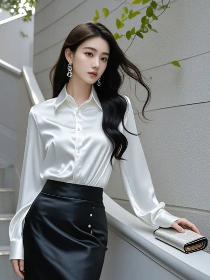 Elegant Silk Office Shirts Women Korean Fashion Y2k Clothes Slim Long Sleeve White Black Blusas Mujer Workwear Tops and Blouses.