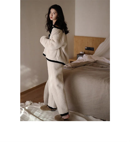 Winter Women Warm Fashion Pajama Sets Sweet   Elegant French Style Girlish Leisure Thicken Flannel Comfort Pajamas.