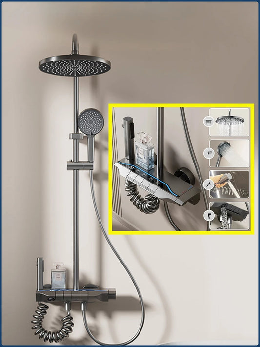 Four Ways Water Outlet Shower System Smart Digital Bathroom Shower Faucet Set Temperature Display Rainlfall Sunflower Shower Set