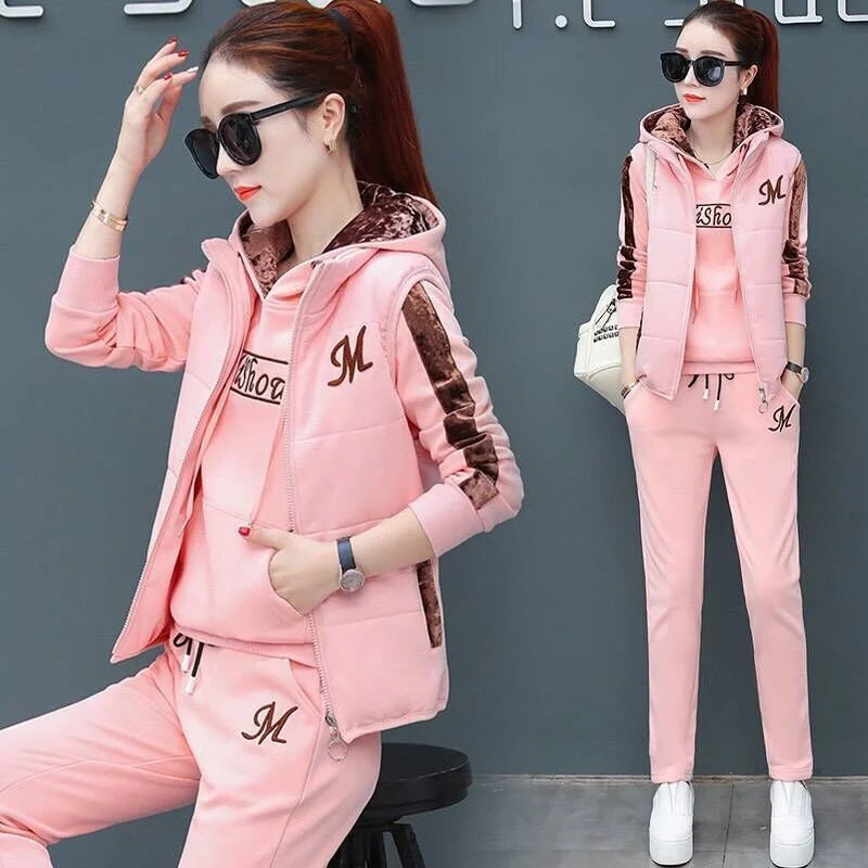 Women's Fashion Plush Thickened Sweat Suit 2025 Autumn Winter New Casual Hooded Tops Waistcoat Pants 3 Three Piece Set For Women.