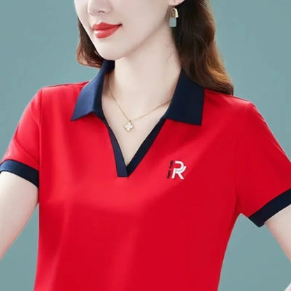 Loose Fit Polo Shirt Short Sleeve Turn-down Collar T-shirt for Middle-aged Mothers Summer New Style Sport Casual Top plus Size.