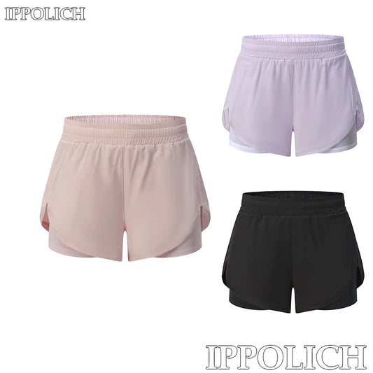 Summer Women Yoga Shorts Fitness Bilayer Sport Yoga Shorts Solid Color Ice Silk Mesh Breathable Outdoor Sport Gym Yoga Shorts.