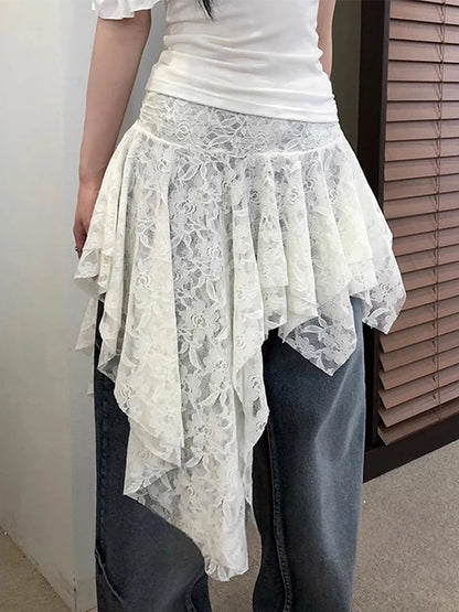 Asymmetrical Lace Skirt Pants Women High Waist Layered Skirt Y2k Japanese Vintage Jacquard Short Skirt 2025 Spring Clothing
