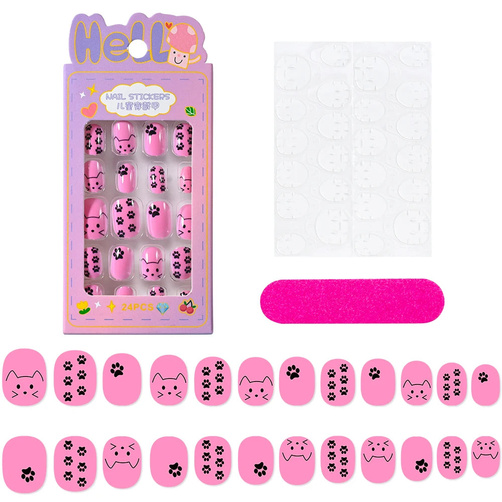 24Pcs/box Kids nails for Girl Cartoon Pattern False Nail Cute Child Fake Nails Tips Kawaii Acrylic Artificial Press on Nail+Tool