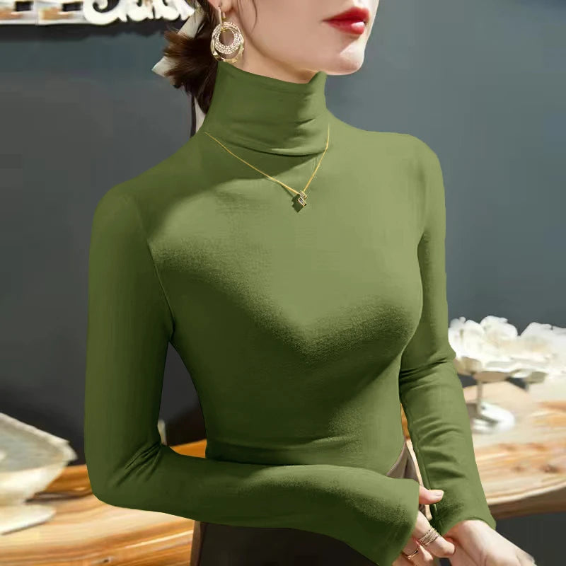2025 Fashion Autumn Winter Female Turtleneck Fleece Stretch Shirt Women Long Sleeve T-shirt Warm Basic Pullover Bottoming Tops.