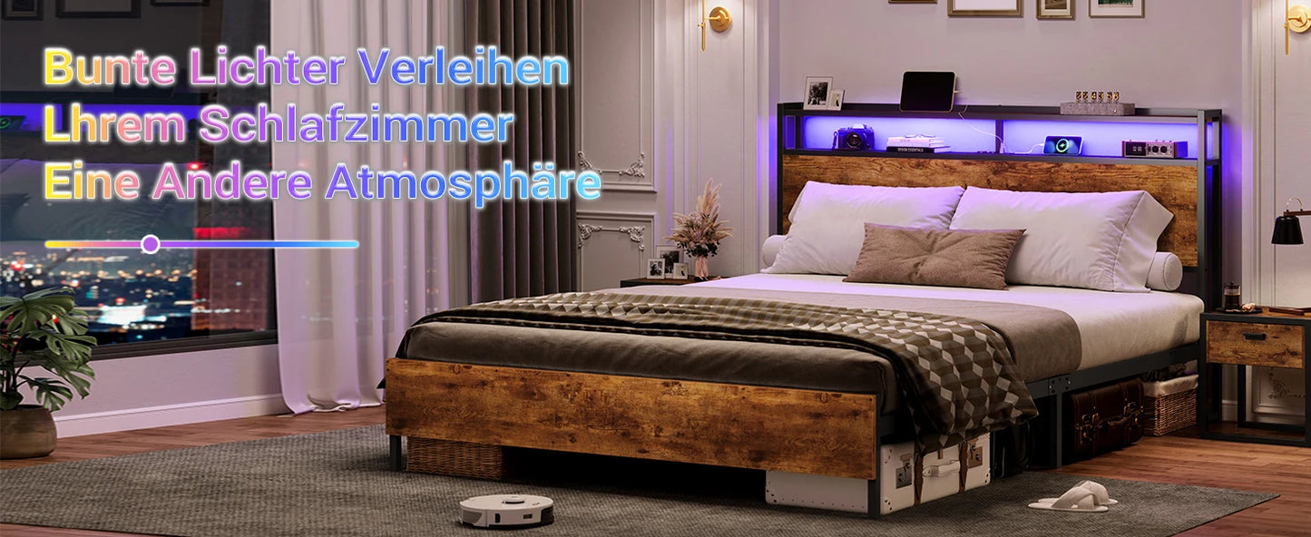 120 x 200 LED-beleuchteter Metallbettrahmen mit Steckdose und USB-Ladefunktion, Holzkopfteil, Stauraumbett B