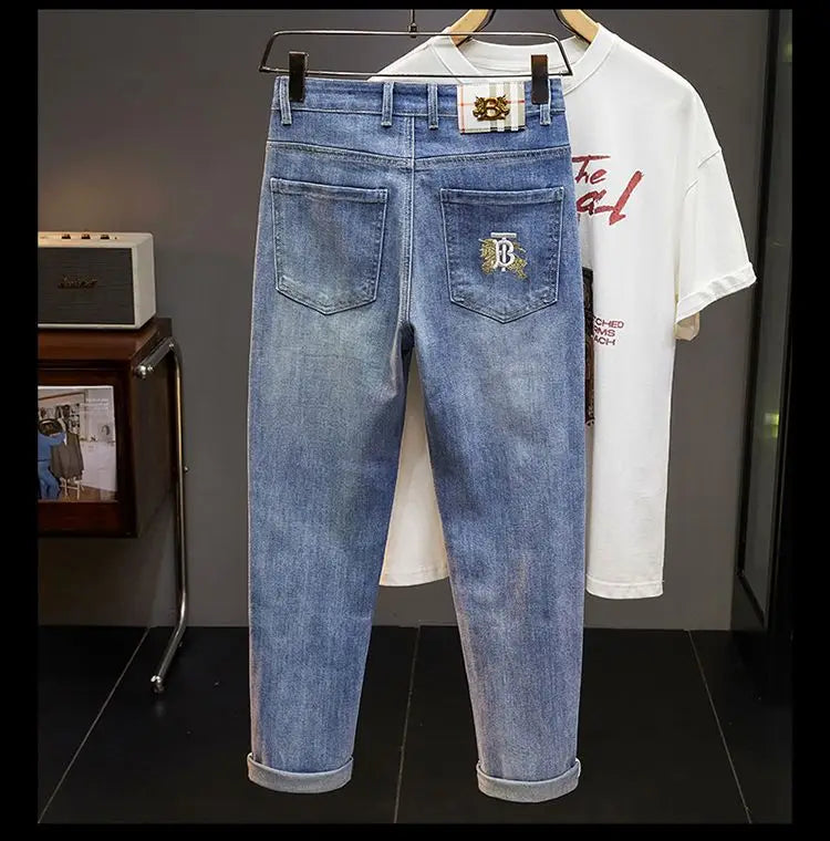 Men's Slim Straight Jeans Fashion Korean winter and Autumn Trousers Comfortable Elastic Blue Fitted Business Casual Denim Pants.