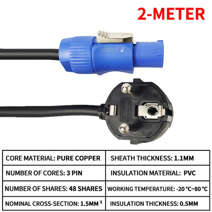 European Schuko Power Extension Cable, 3x1.5mm² for Stage Lighting, LED Beam Lights & Audio Equipment.