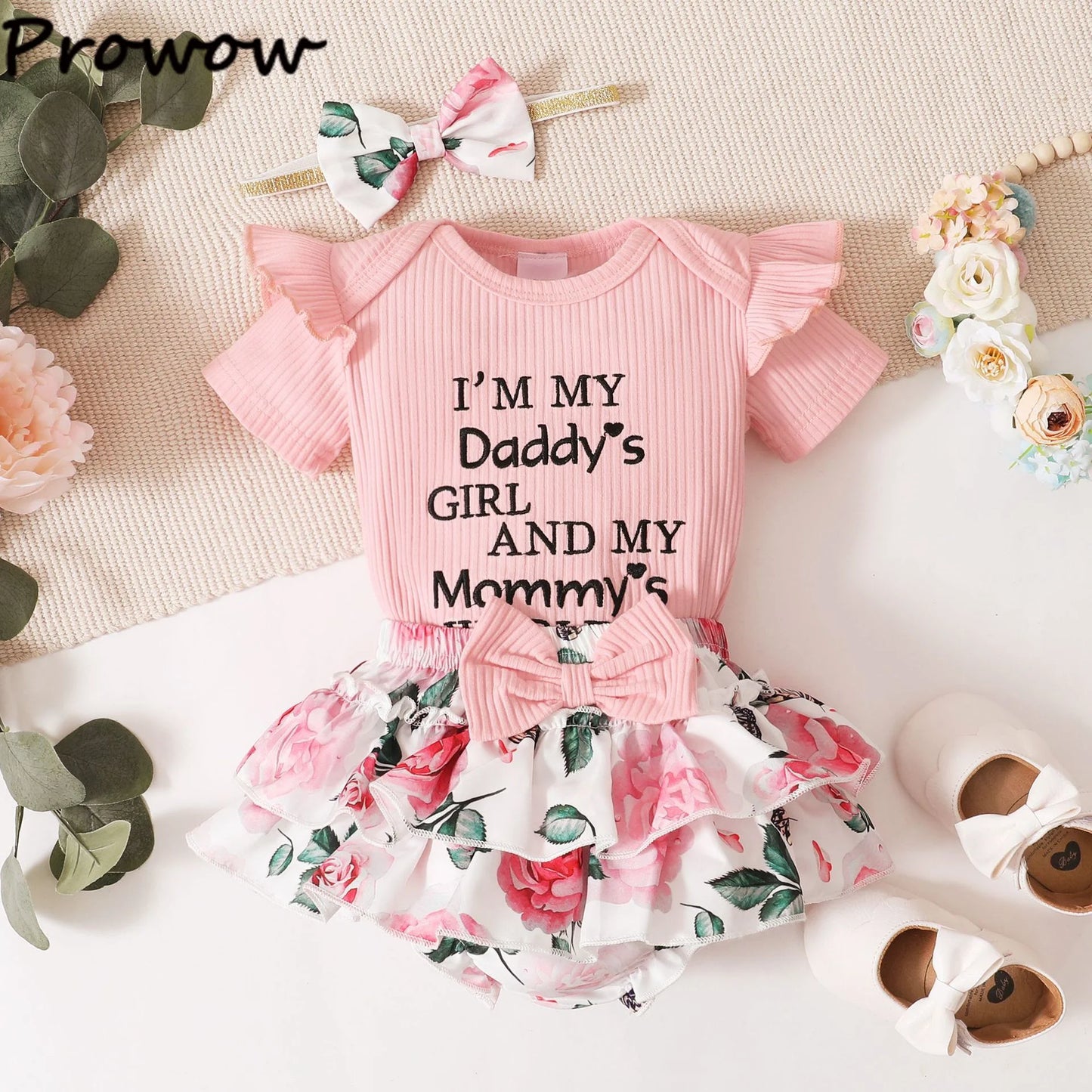 Prowow Günstige Preis Kleidung Baby Mädchen Outfits Set Niedlichen Elefanten Body und Hosenträger Kleid 3 stücke Neugeborene Geburt Set Kleidung.