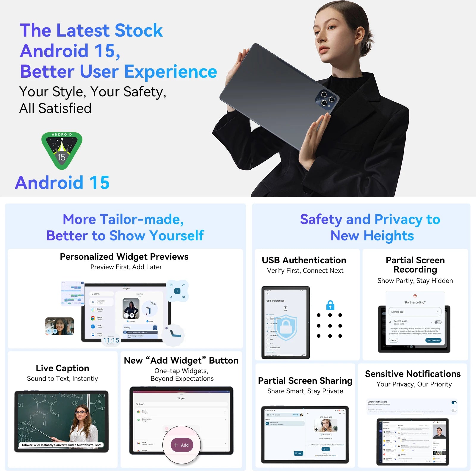 TABWEE W90 Android 15 Tablet 11 Inch - 24GB RAM 256GB ROM, Dual 4G LTE + 5G WiFi,Octa Core T615, 8000mAh, Gemini AI, WideVine L1.