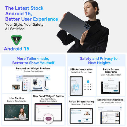 TABWEE W90 Android 15 Tablet 11 Inch - 24GB RAM 256GB ROM, Dual 4G LTE + 5G WiFi,Octa Core T615, 8000mAh, Gemini AI, WideVine L1.