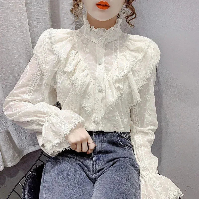 Long Sleeve Loose Spring Fashion Button White Shirt Elegant Stand Collar Pleated Tops Casual Ruffle Lace Blouse Blusas 15832.