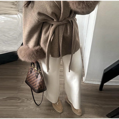 Frauen Mäntel Elegante Revers Plüsch Mit Gürtel Faux Pelz Hülse Tweed Offenen Mantel Weibliche 2025, Herbst Winter Mode Dame streetwear