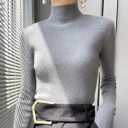Herbst Winter Frauen Pullover Slim Fit Hohe Strecth Pullover Langarm Inneren Tragen Mock Neck Gestrickte Tops Koreanische Mode Jumper