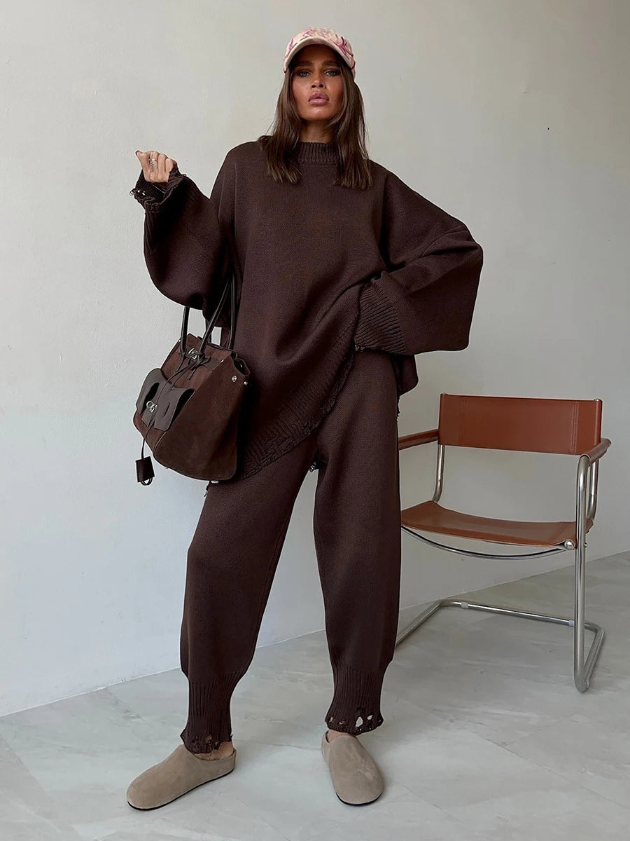 Two Piece Ripped Set Women Knit Tracksuits O Neck Long Sleeve Casual Baggy Sweatshirts+ Joggers Pants Outfits 2025 Fall Winter.