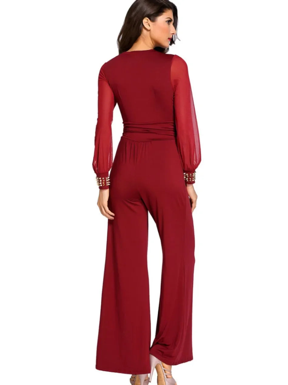 New In Spring Summer Women's Jumpsuit Black V-neck Mesh Splicing Straight One-piece Female Jumpsuit Sexy Streetwear Clothes.