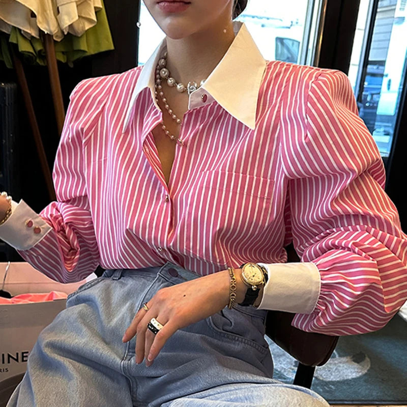 Jmprs Elegant Women Shirts Korean Striped Red Fashion Turn Down Collar Office Ladies Tops Long Sleeve Causal Female Blouse.