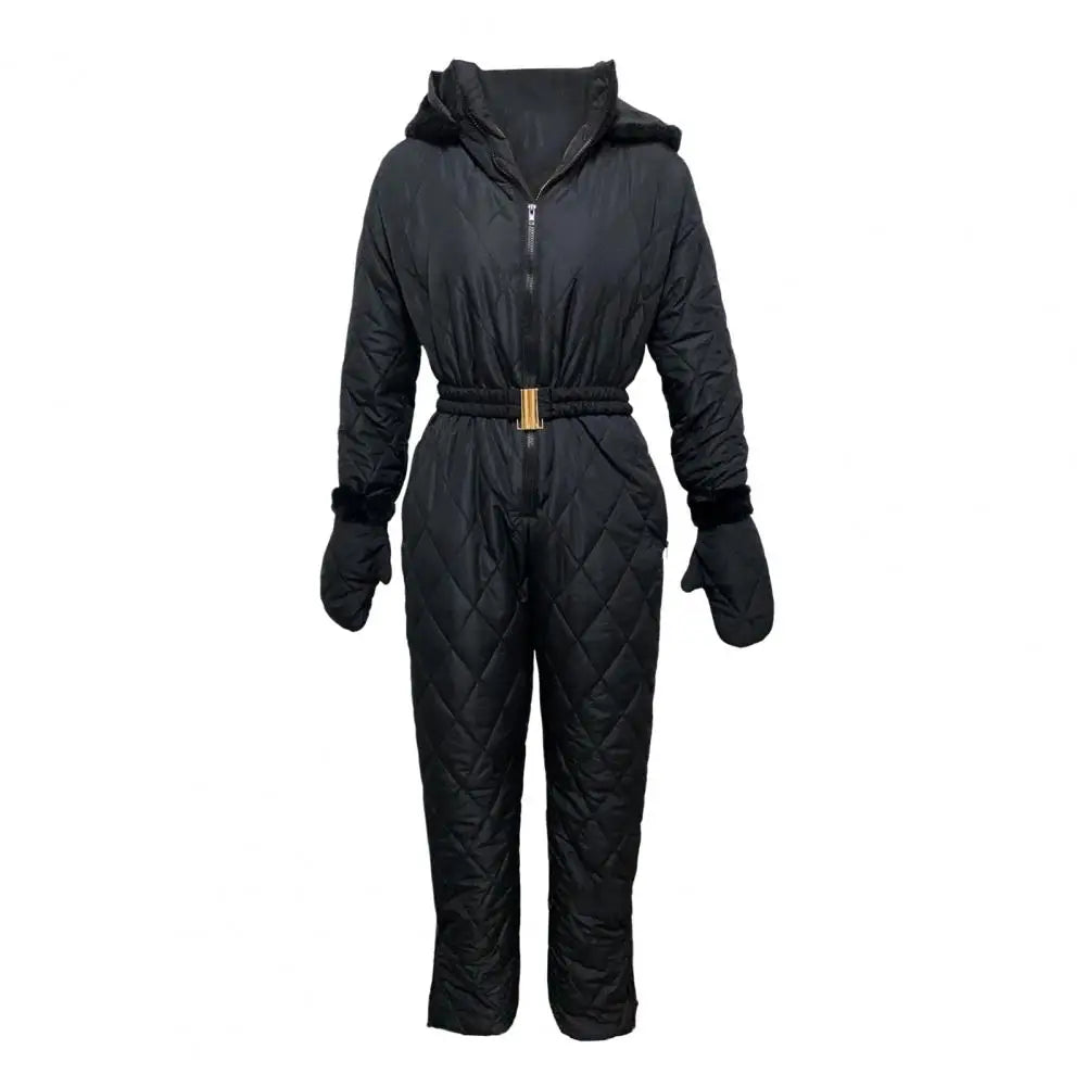 2025 Women Ski Jumpsuit Warm Snowsuit Winter Women's Snowsuit with Gloves Hood Windproof Ski Outfit with Elastic Waist Zipper fo.