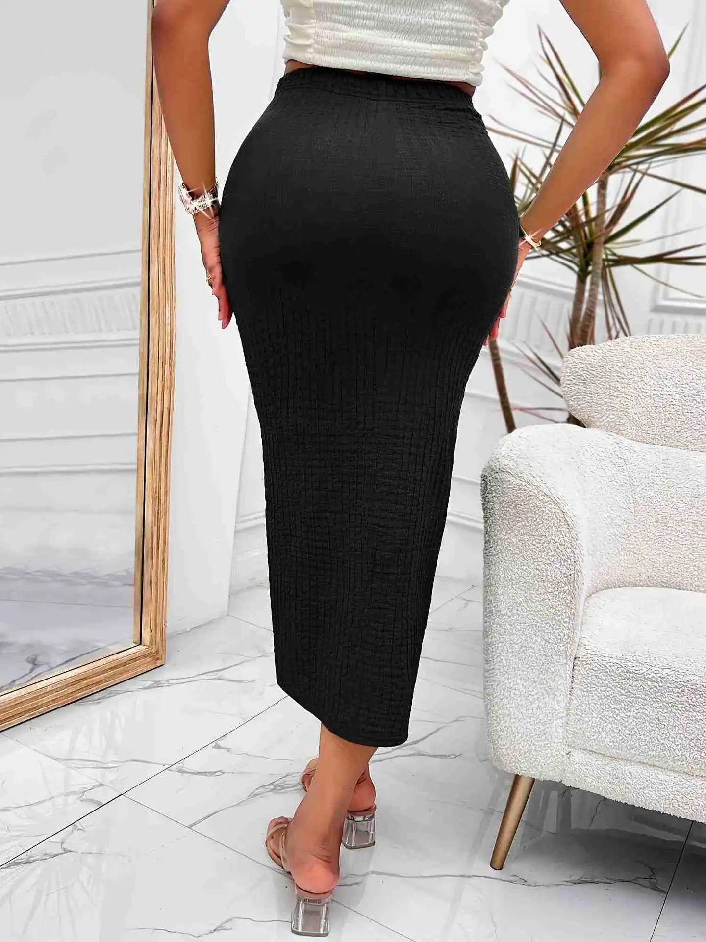 Fairyshely Sexy Black Knitted Long Skirt Women 2025 Summer Knot High Waist Midi Skirt Ladies Elegant Split Wrap Bodycon Skirt.
