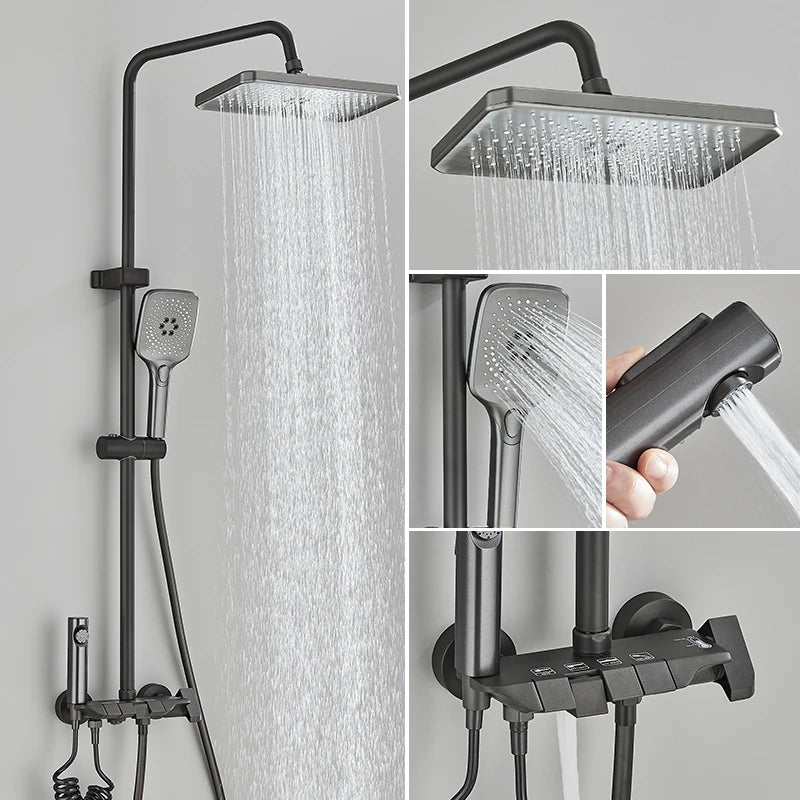 Black Piano Style Shower Set Intelligent Brass Bathroom Faucets Hot Cold Waterfall Tap Rainfall Shower System