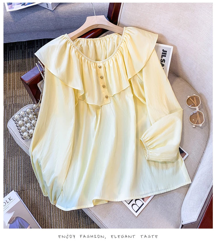 2025 French Large Size Long Sleeve O-neck Solid Color Loose Ruffle Shirt Ladies Spring Autumn Plus Size Blouses for Women.