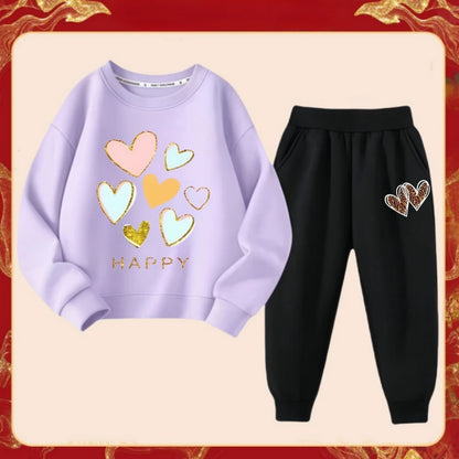 Spring Children Clothes Set Kid Girls Sweet Sweatshirts Pullover Top And Pants 2 Pieces Suit Heart Print Long Sleeve Tracksuits.