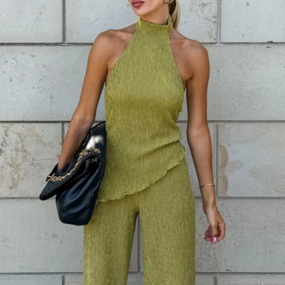 Tuularose Hanging Green Pants Set Sleeveless Backless Personality Temperament Commuter Two-piece Set Summer New Women Pants Set