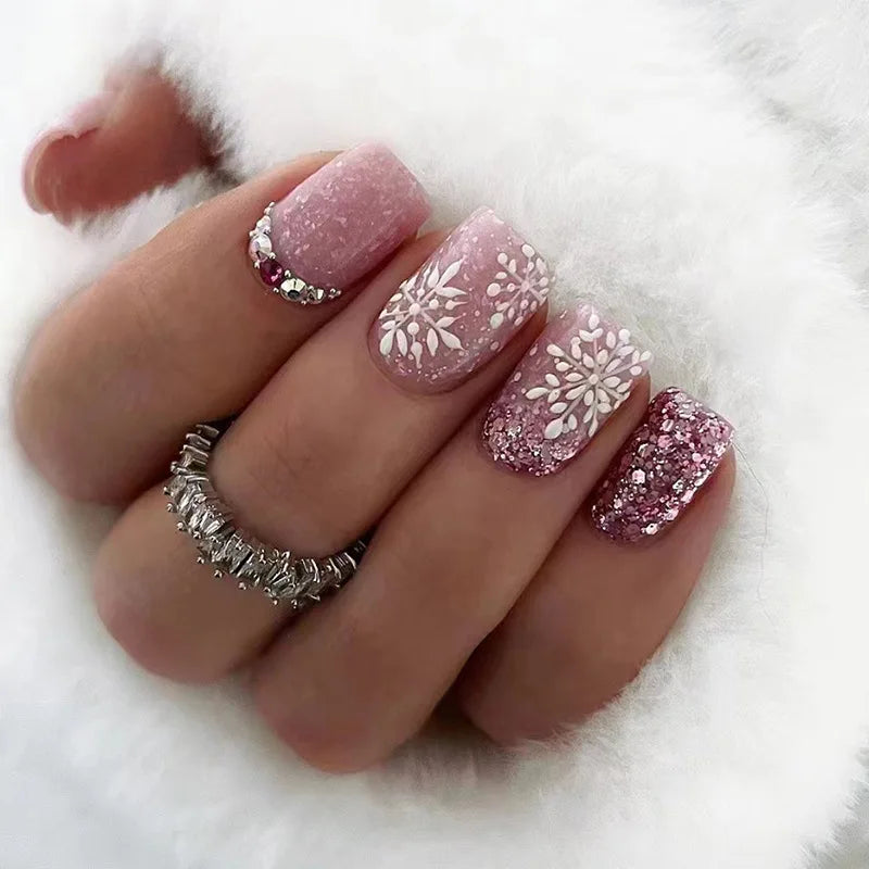 Short Square False Nails French Snowflake Glitter Drill Nail Art Full Cover Detachable Press on Nail Tips Christmas Fake Nails.