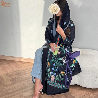 2025 Elegant Dubai Floral Print with Hijab Kimono Abaya Dress Luxury Saudi Arabia Muslim Women Islamic Middle East Turkey Robe.