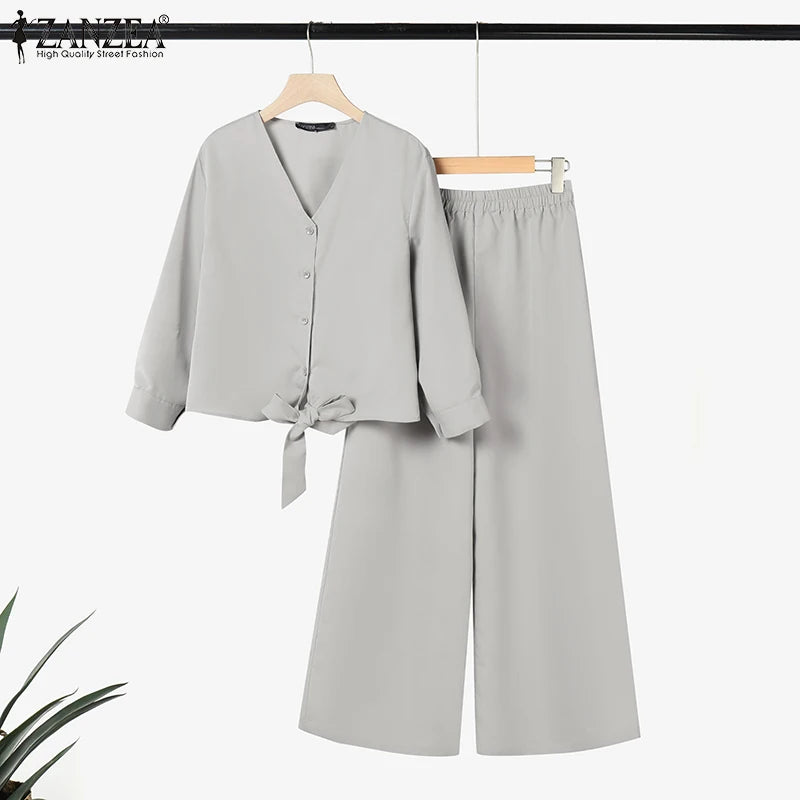 2025 ZANZEA Autumn Outfits 2PCS Women Work Matching Sets Fashion Spring Long Sleeve Blouse Pant Sets Casual Solid OL Tracksuits.