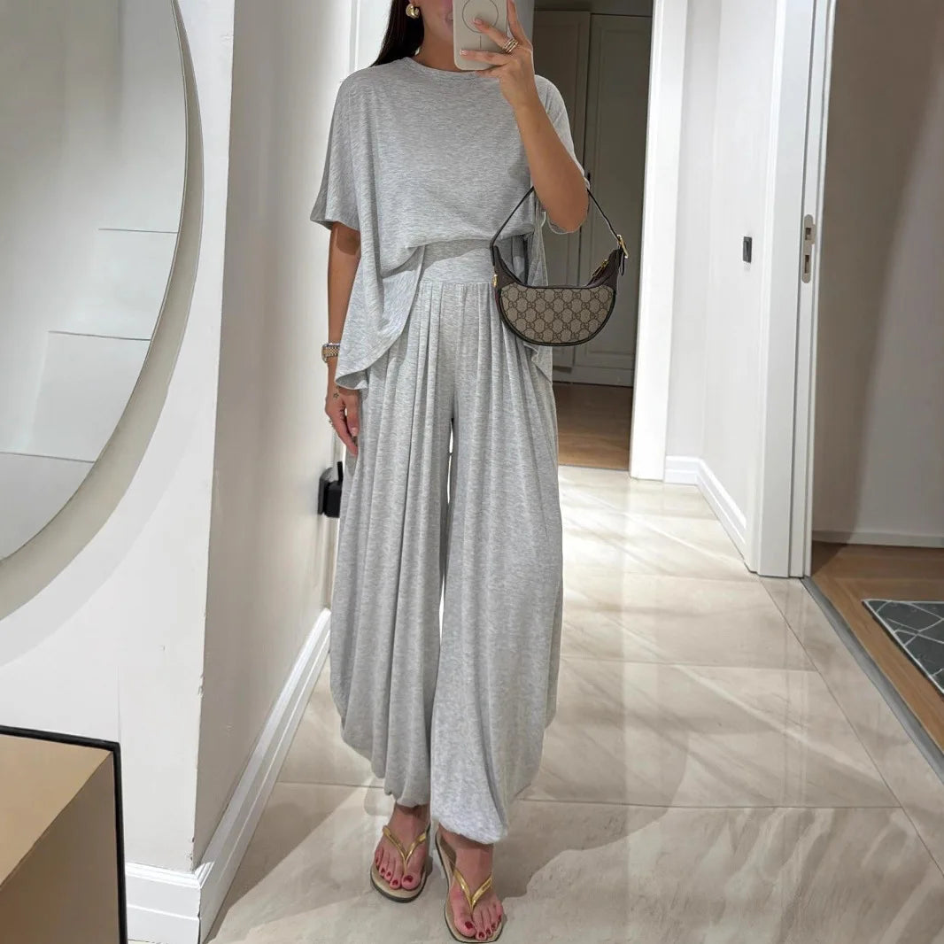 Casual T Shirt Short Sleeved Women's Top 2 Piece Set Summer Elegant Fashion Loose High Waist Wide-leg Trousers Female Pants Sets.