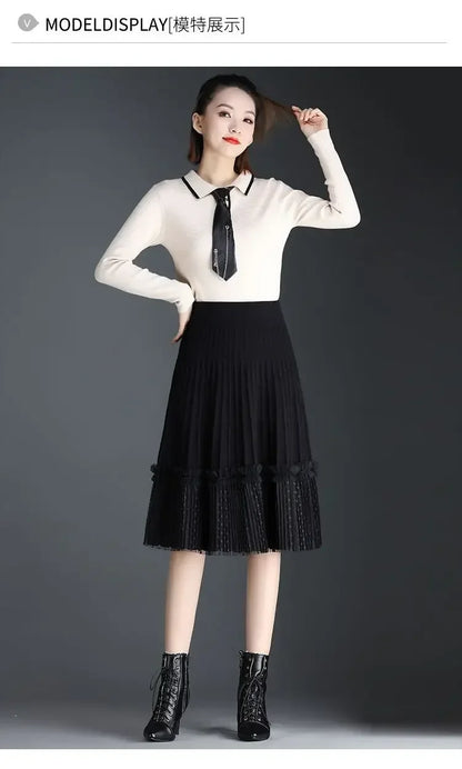Korean Fashion Autumn Winter Women Solid Elastic High Waist Lace Patchwork Simplicity Mid-length A-line Pleated Knitted Skirt.