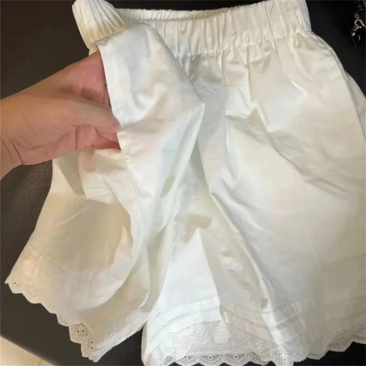 White Lace Trim Patchwork Casual Shorts for Women's High Waisted Wide Leg Vacation Beach Pants Loose Thin Bottoms Home Shorts.