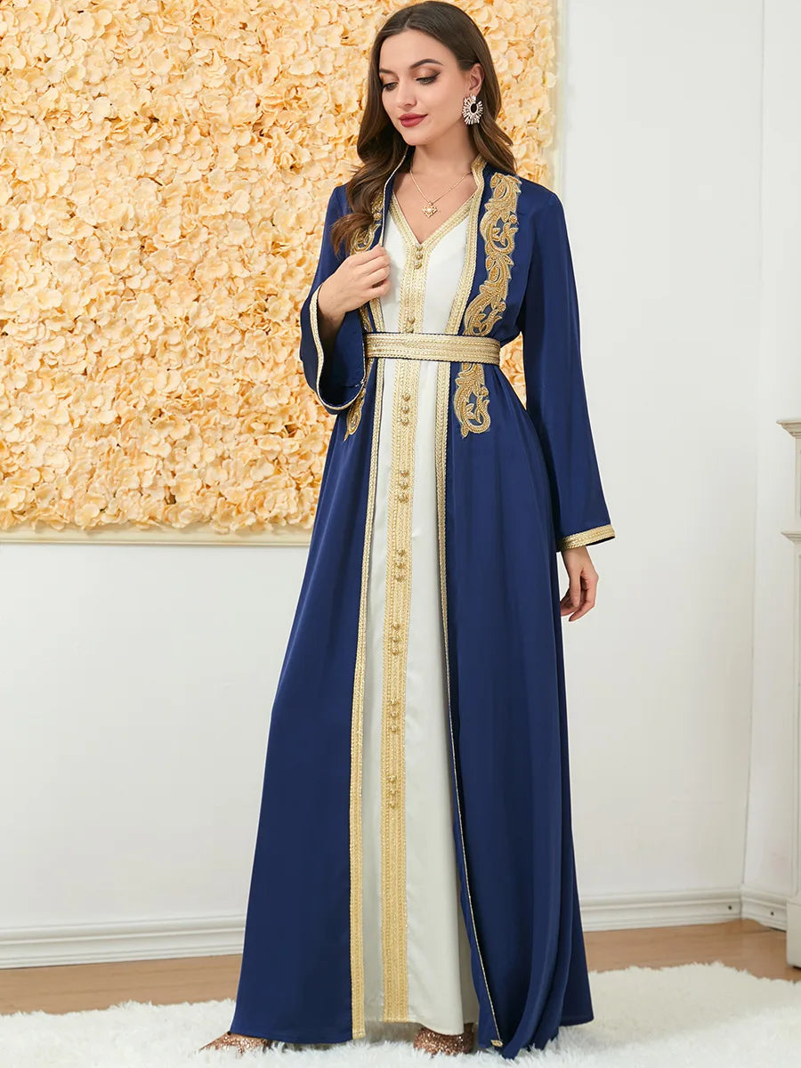 Maßgeschneiderte muslimische Sets, elegante muslimische Frauen, Sommer, langärmelig, V-Ausschnitt, Polyester, lila, 2-teiliges Kleid, Mantel, passende Sets, Muslim