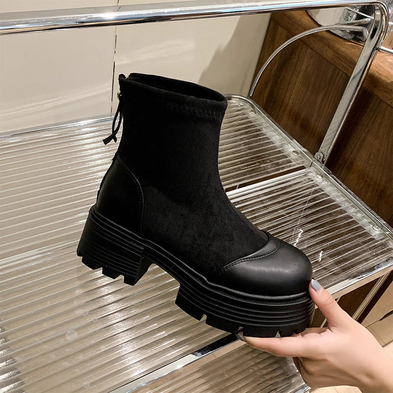 Vintage Platform Splicing Woman Ankle Boots Design Back Zippers Thick Sole Shoes  2025 Autumn Winter Short Botas Para Mujer.
