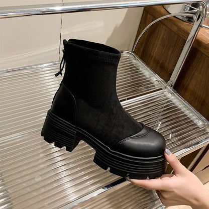 Vintage Platform Splicing Woman Ankle Boots Design Back Zippers Thick Sole Shoes  2025 Autumn Winter Short Botas Para Mujer.