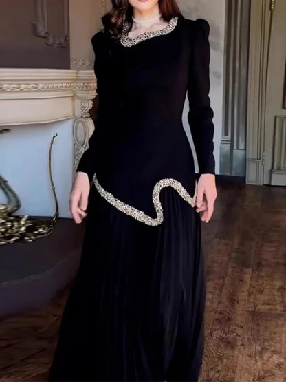 Eid Women Dress Muslim Abaya Pleated Shirt Skirt 2 Piece Set Diamond Party Ramadan Long Dresses Vestidos Largos Arab Long Robe.