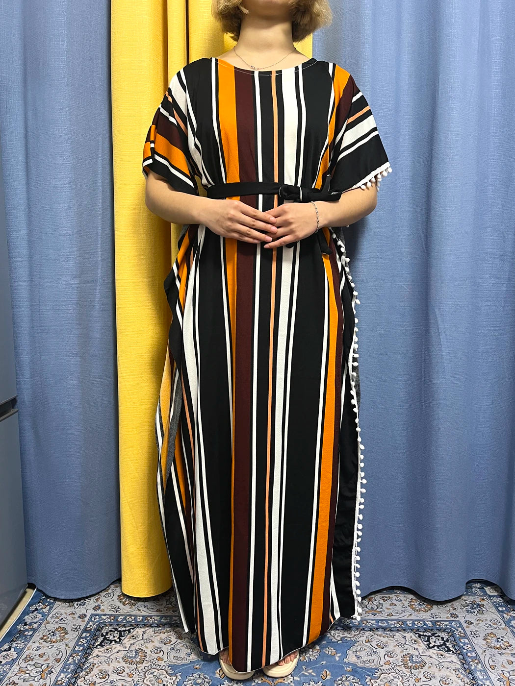 Abayas For Women 2024 Printed Vertical Stripe Tassels Elasticity Loose Fit Femme Robe African Woman Dresses With Belt Headscarf