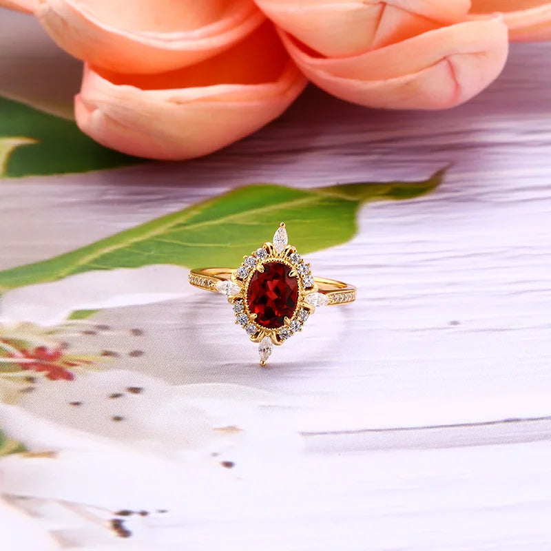 LAMOON Vintage Gemstone Ring Natural Garnet Rings For Women 925 Sterling Silver K Gold Plated Crystal Wedding Engagement RI182.