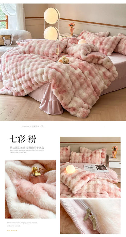 2024 new solid color colorful rabbit wool four-piece set, one side of rabbit fur and one side of milk wool thickened warm