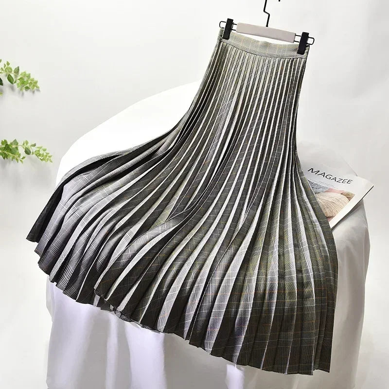 Looks Thin Pleated Skirt 2025 New High Waist A-line Skirt Mid-length Big Size Plaid Skirt Long Pleated Skirt Length 75-90cm