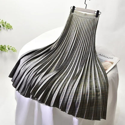 Looks Thin Pleated Skirt 2025 New High Waist A-line Skirt Mid-length Big Size Plaid Skirt Long Pleated Skirt Length 75-90cm
