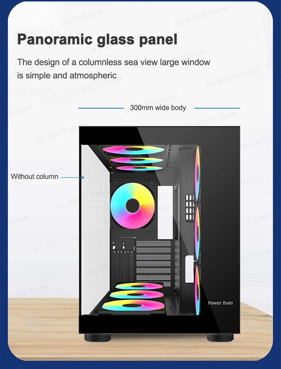 Power Train Seaview Dream MATX ITX Computer Case Panoramic Tempered Glass Side Transparency Without Pillars ATX Desktop Chassis.