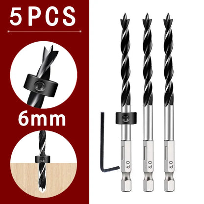1/4 Sechskantgriff Dreizackiger Holzbearbeitungsbohrer und Tiefenanschlag-Positionierer Ring-Set Holzbearbeitungsloch Reiben Elektrowerkzeug