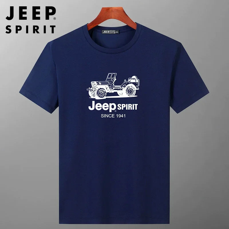 JEEP SPIRIT Mens T-shirt Summer 100%Cotton 230g Heavy Print Sports Breathable Round Neck Top Loose Solid Short Sleeve.