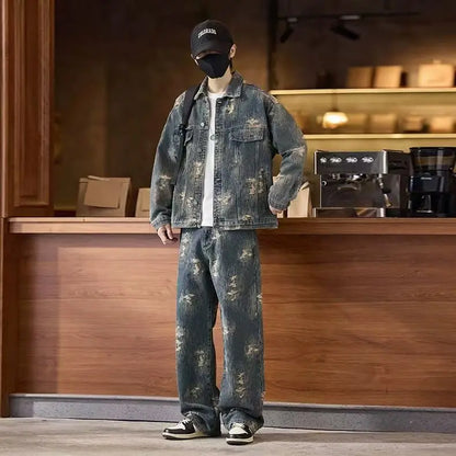 Spring Autumn New American Denim Coats Set Classic  retro Cowboy Jeans Trendy Two-Piece Sets Versatile Outerwear Casual Jacket.