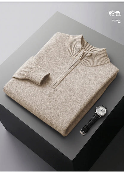 New Half Turtleneck Zipper Men's Pullover 100% Cashmere Sweater Solid Color Casual Versatile Wool Sweater Men's Clothing