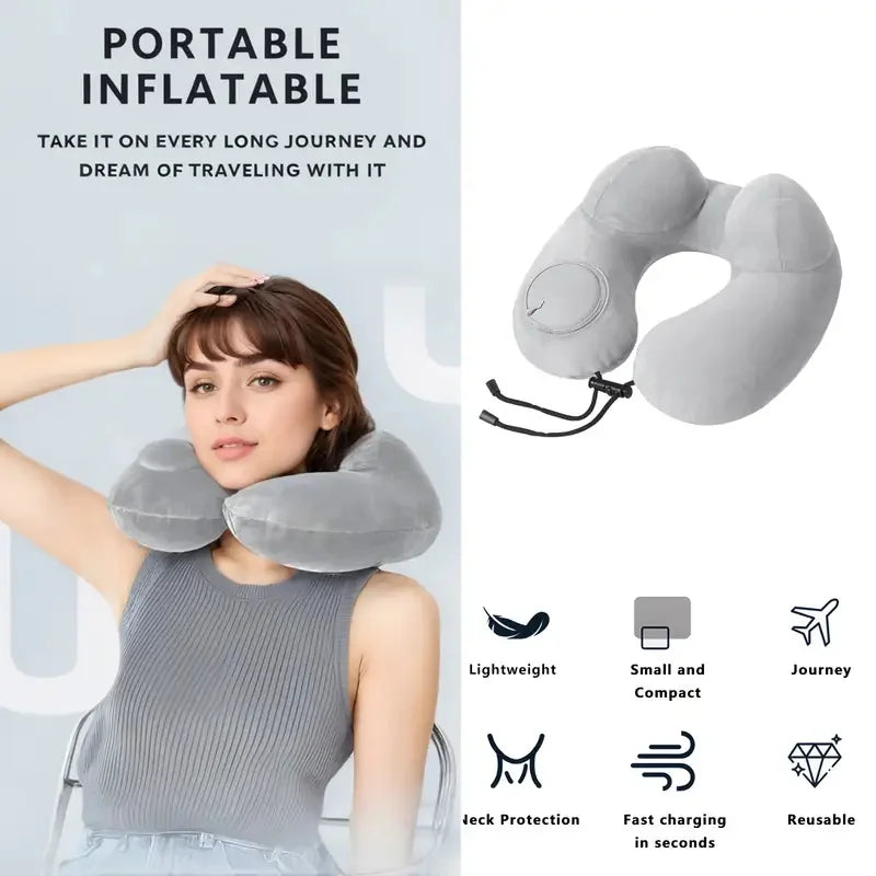 1 press type inflatable pillow U-shaped pillow, foldable U-shaped double hump neck pillow, portable outdoor travel pillow.