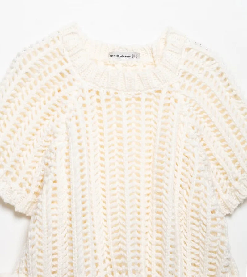 MUJER 2025 Stricken Crop Tops Frau Kurzarm Pullover Gestrickte Kurze Pullover für Frauen Gebunden Strickwaren Mode Damen Pullover.